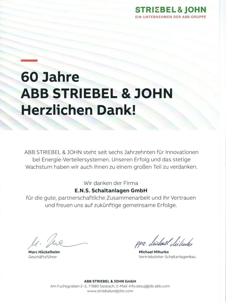 Zertifikat der ENS Schaltanlagen GmbH