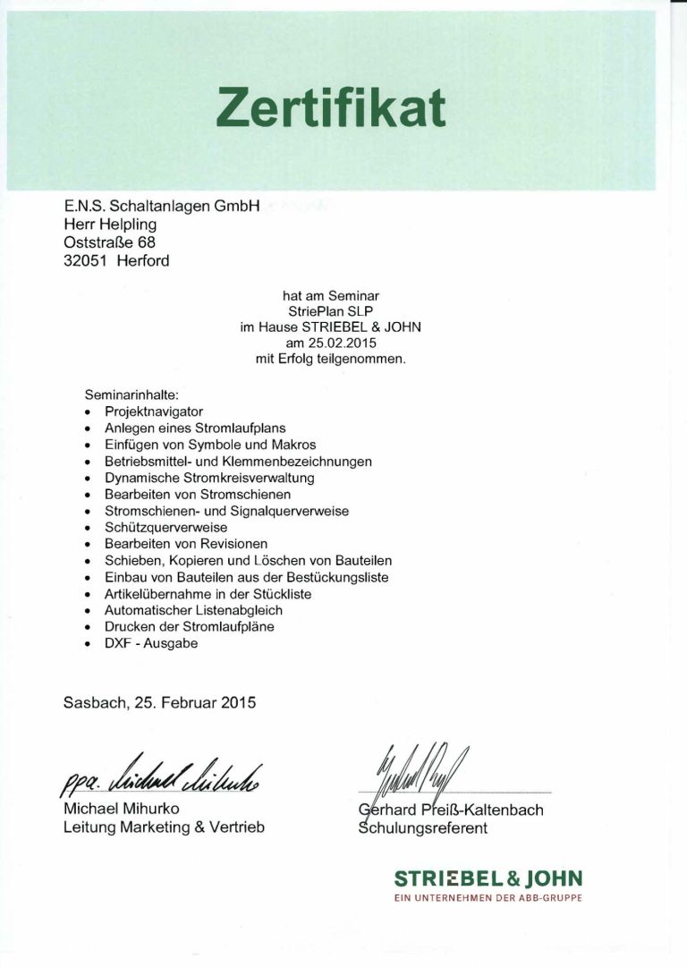 Zertifikat der ENS Schaltanlagen GmbH