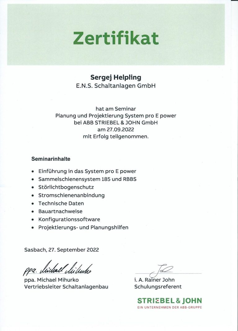 Zertifikat der ENS Schaltanlagen GmbH