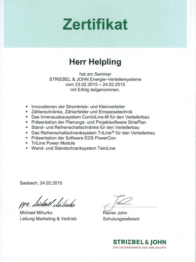 Zertifikat der ENS Schaltanlagen GmbH