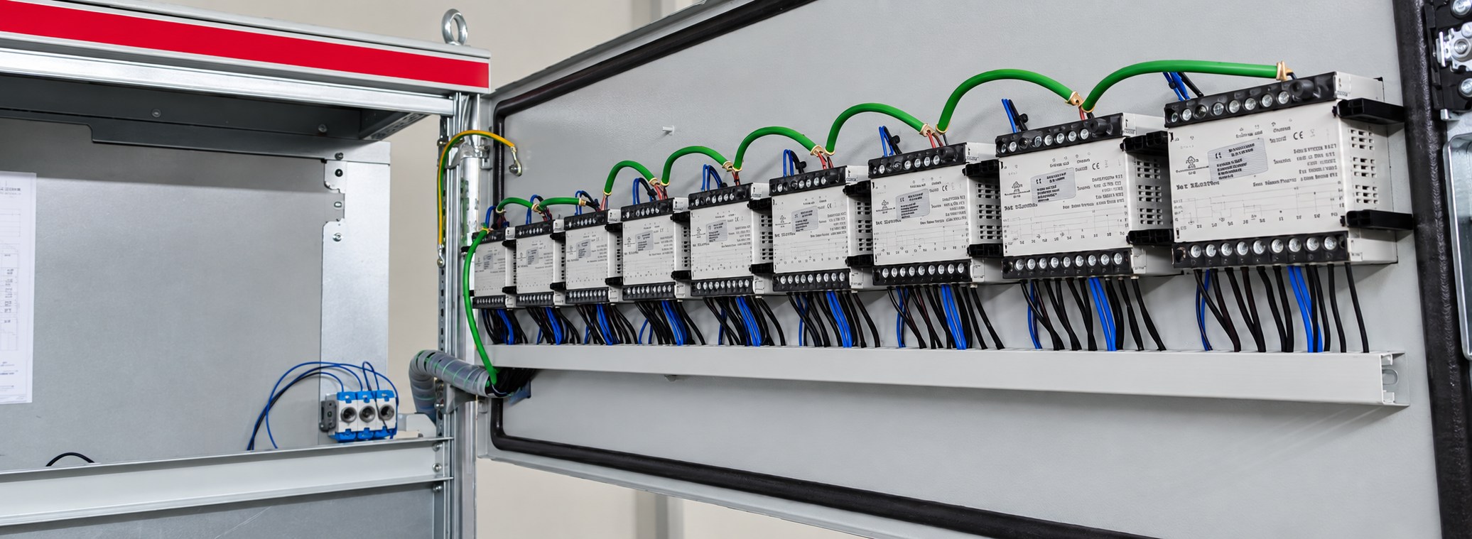 Verdrahtete Relaismodule in einer geöffneten Schaltanlage