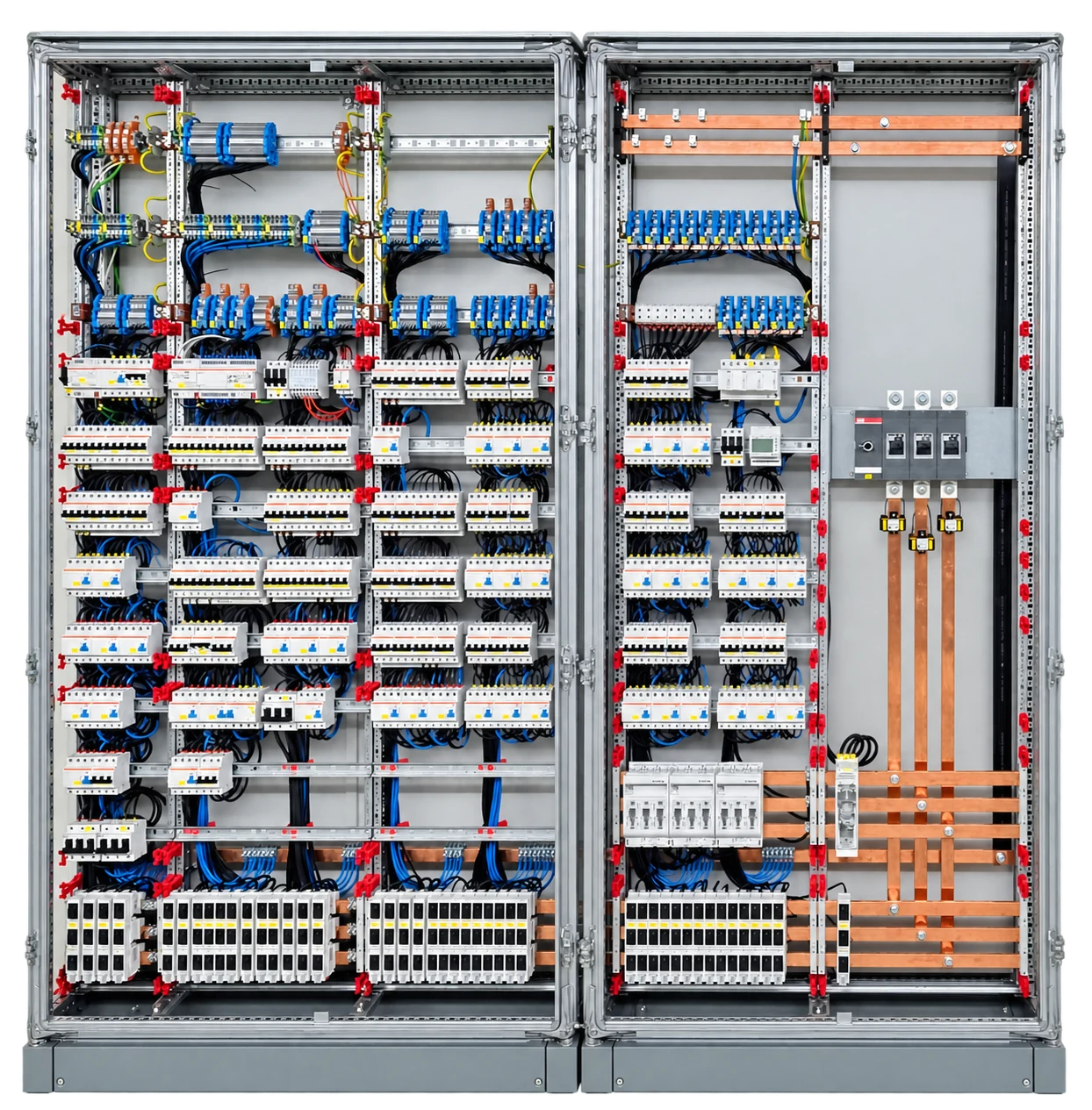 Freigestellter Innenausbau einer zweifeldrigen Niederspannungsanlage